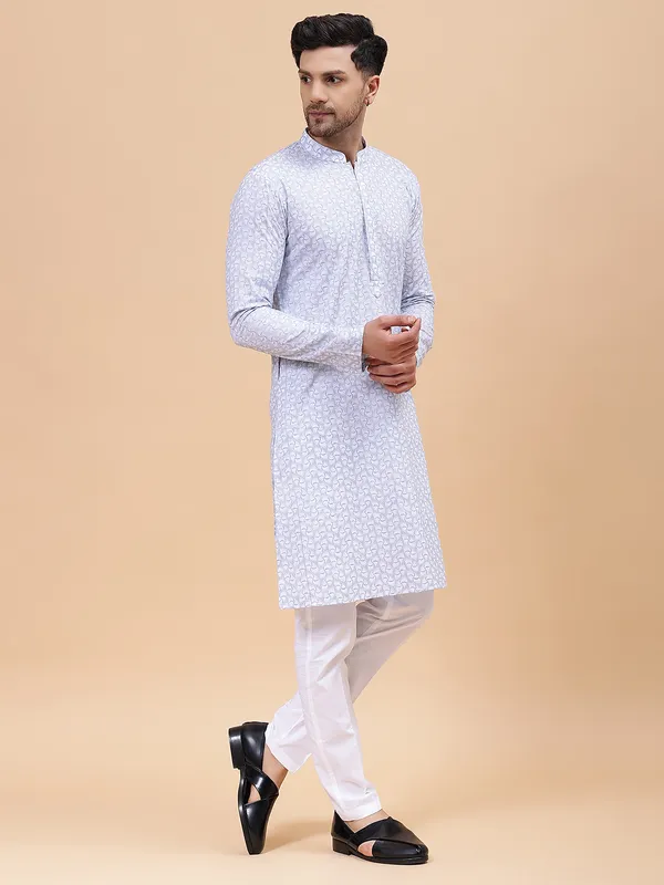 Men_White_&_Grey_Pure_Cotton_Embroidered_Staright_Kurta_With_Pajama