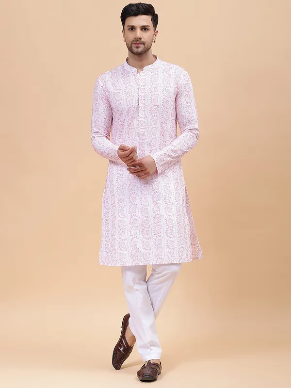 Men_White_&_Orange_Pure_Cotton_Embroidered_Staright_Kurta_With_Pajama