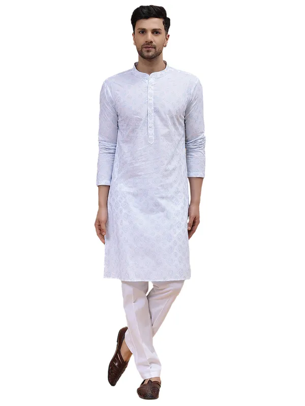 Men_White_&_Grey_Pure_Cotton_Embroidered_Staright_Kurta_With_Pajama