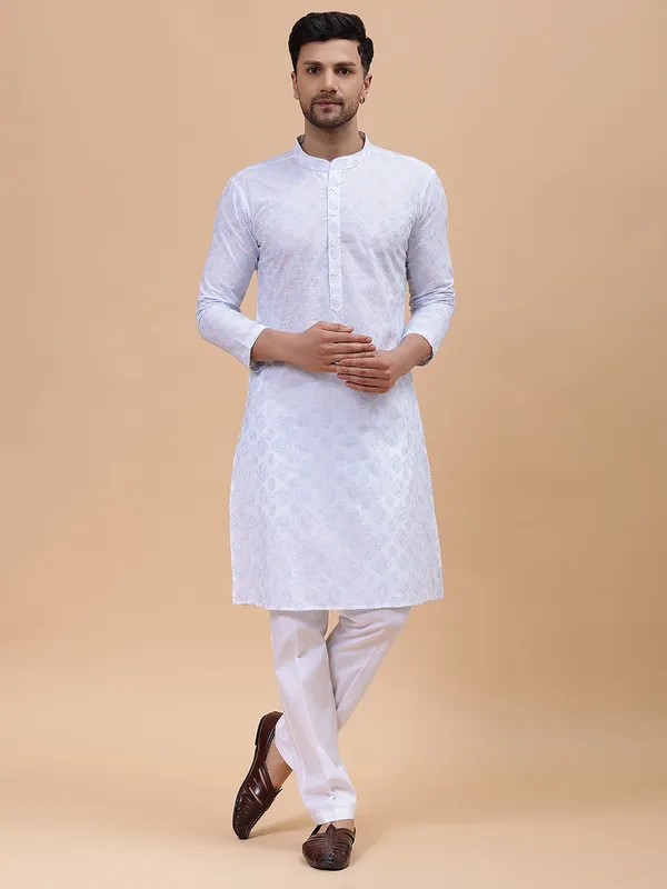 Men_White_&_Grey_Pure_Cotton_Embroidered_Staright_Kurta_With_Pajama
