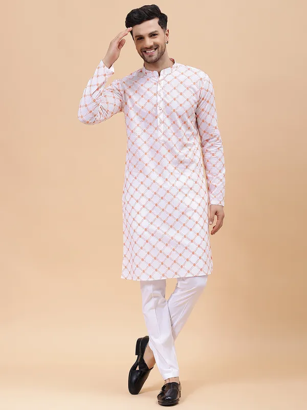 Men_White_&_Orange_Pure_Cotton_Embroidered_Staright_Kurta_With_Pajama