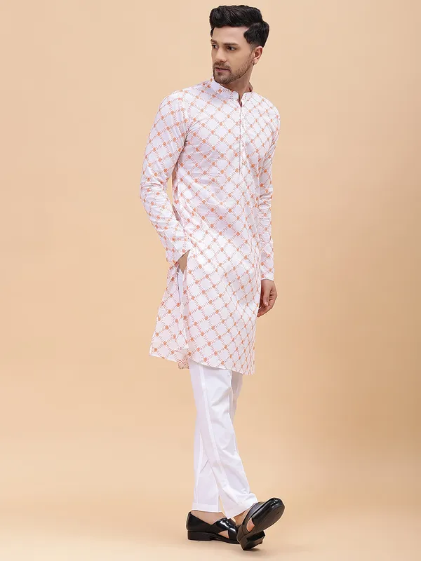 Men_White_&_Orange_Pure_Cotton_Embroidered_Staright_Kurta_With_Pajama