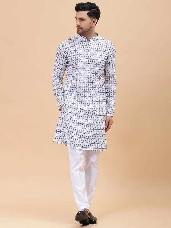 Men_White_&_Blue_Pure_Cotton_Embroidered_Staright_Kurta_With_Pajama