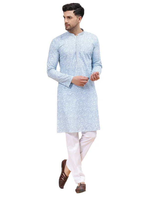 Men_Sky_Blue_&_White_Pure_Cotton_Embroidered_Staright_Kurta_With_Pajama
