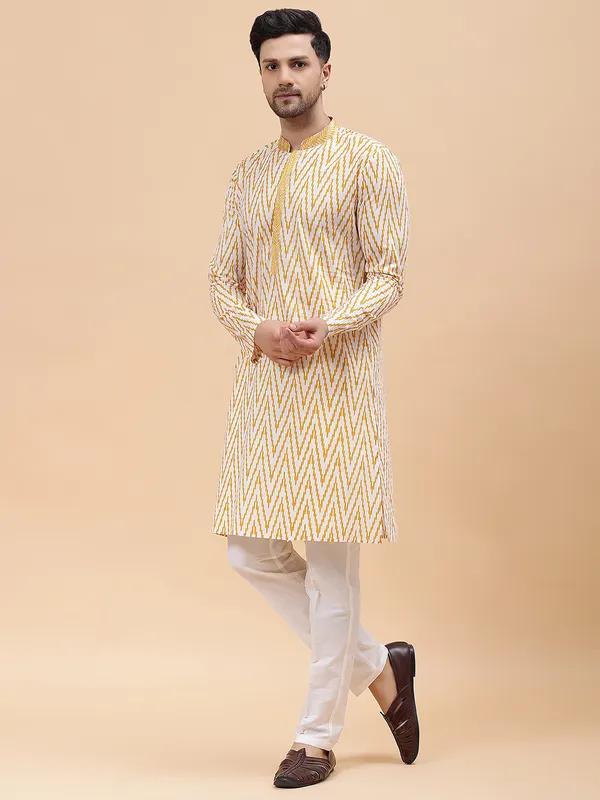Men_White_&_Mustard_Pure_Cotton_Embroidered_Staright_Kurta_With_Pajama
