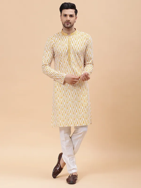 Men_White_&_Mustard_Pure_Cotton_Embroidered_Staright_Kurta_With_Pajama