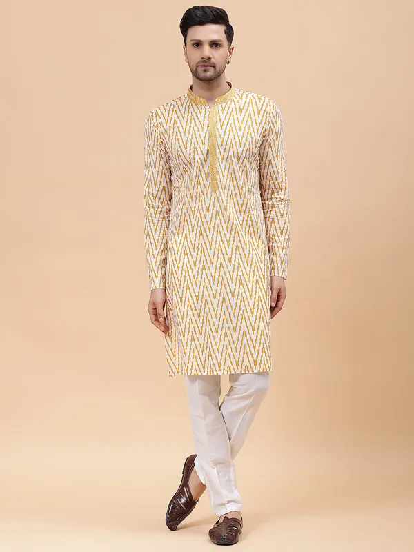 Men_White_&_Mustard_Pure_Cotton_Embroidered_Staright_Kurta_With_Pajama