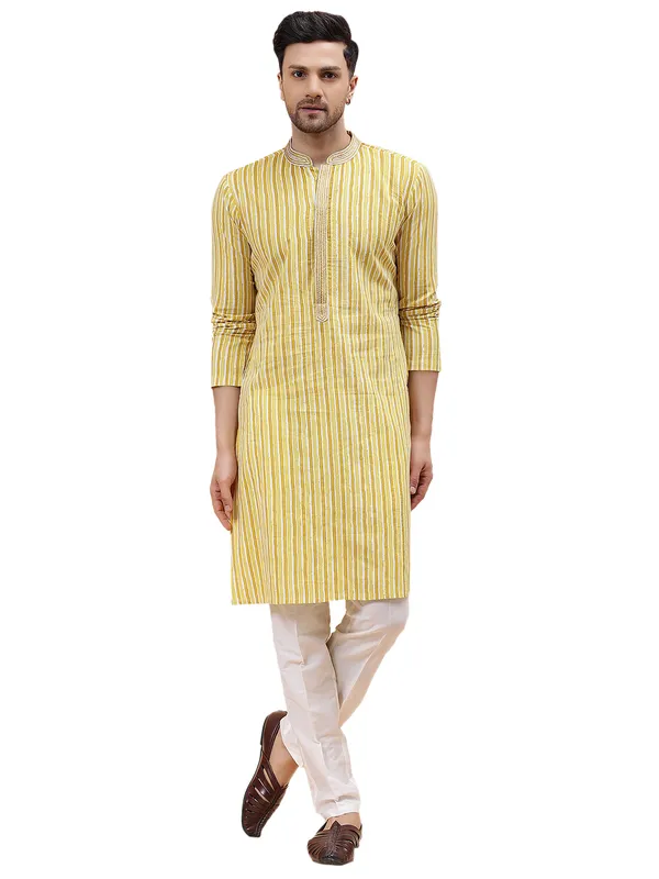 Men_Gold_&_White_Pure_Cotton_Embroidered_Staright_Kurta_With_Pajama