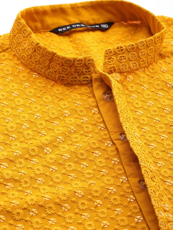 Men_Mustard_Floral_Embroidered_Sequined_Rayon_Kurta_With_Pyjama