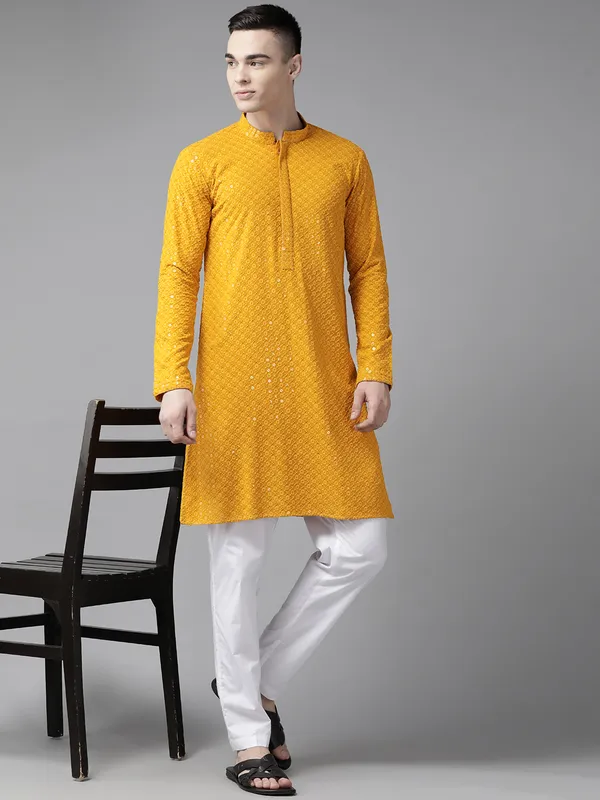 Men_Mustard_Floral_Embroidered_Sequined_Rayon_Kurta_With_Pyjama