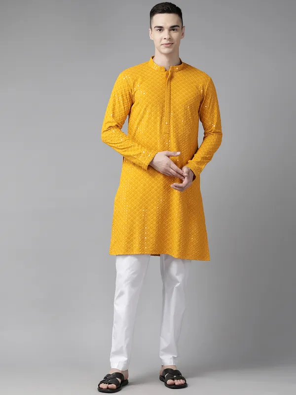 Men_Mustard_Floral_Embroidered_Sequined_Rayon_Kurta_With_Pyjama