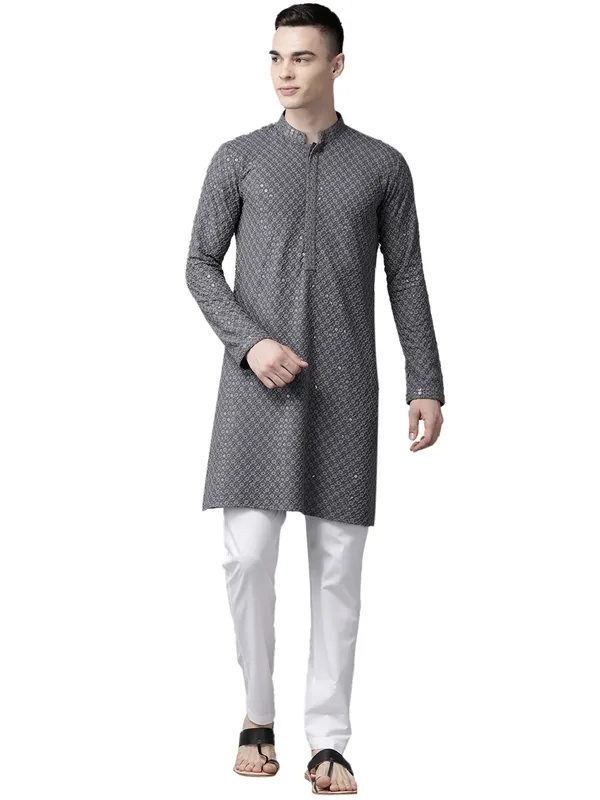 Men_Grey_Floral_Embroidered_Sequined_Rayon_Kurta_With_Pyjama