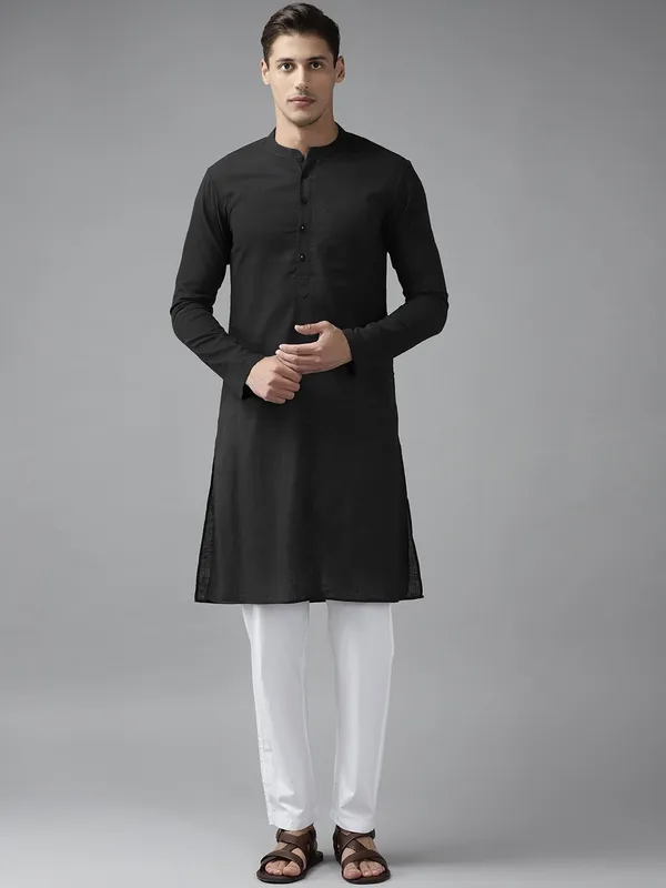 Men_Black_Cotton_Slub_Straight_Kurta
