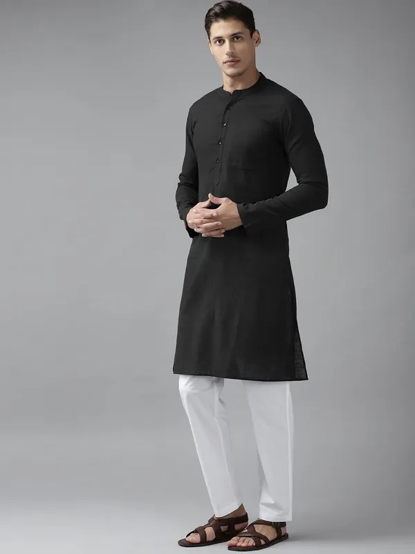 Men_Black_Cotton_Slub_Straight_Kurta