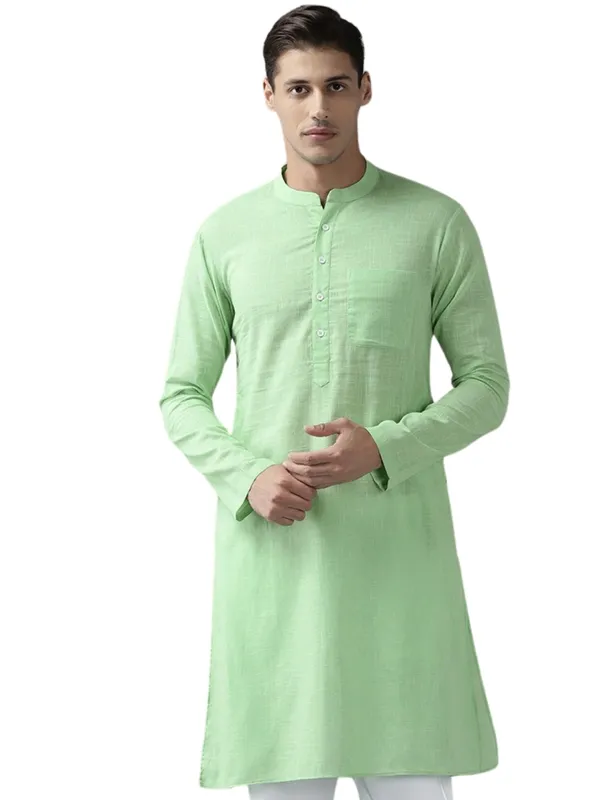 Men_Green_Cotton_Straight_Kurta_With_Slub_Effect