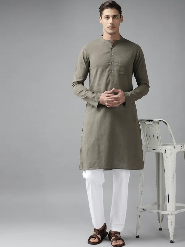 Men_Khaki_Cotton_Slub_Straight_Kurta_With_Pyjama