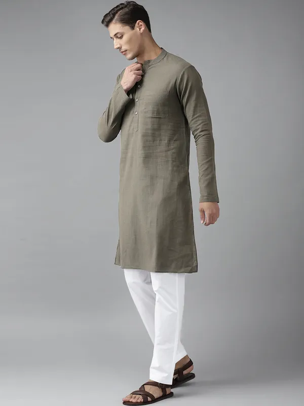 Men_Khaki_Cotton_Slub_Straight_Kurta_With_Pyjama