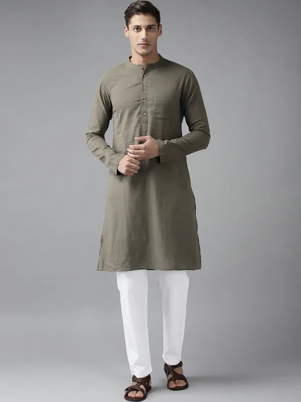 Men_Khaki_Cotton_Slub_Straight_Kurta_With_Pyjama
