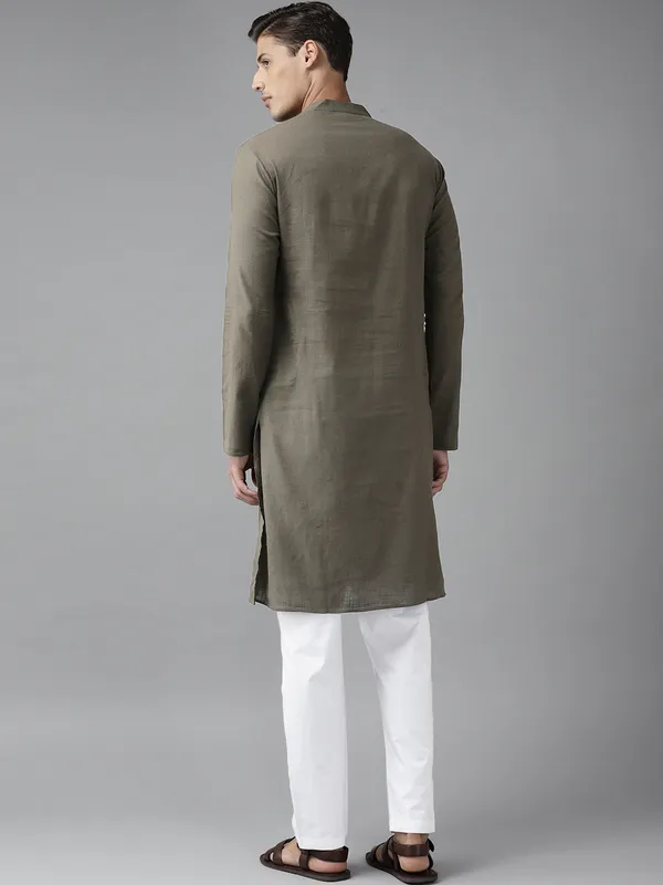Men_Khaki_Cotton_Slub_Straight_Kurta_With_Pyjama
