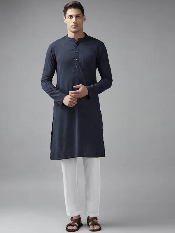 Men_Navy_Blue_Cotton_Slub_Straight_Kurta