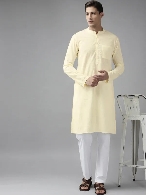 Men_Cream_Cotton_Slub_Straight_Kurta_with_Pyjama
