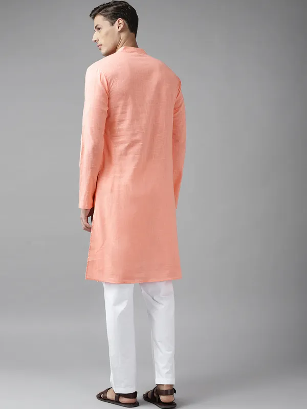 Men_Peach_Cotton_Slub_Straight_Kurta_with_Pyjama