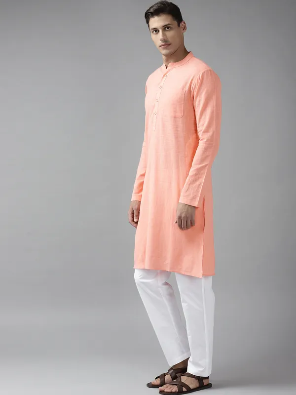 Men_Peach_Cotton_Slub_Straight_Kurta_with_Pyjama