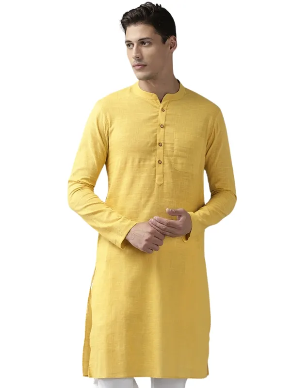 Men_Yellow_Cotton_Straight_Kurta_With_Slub_Effect