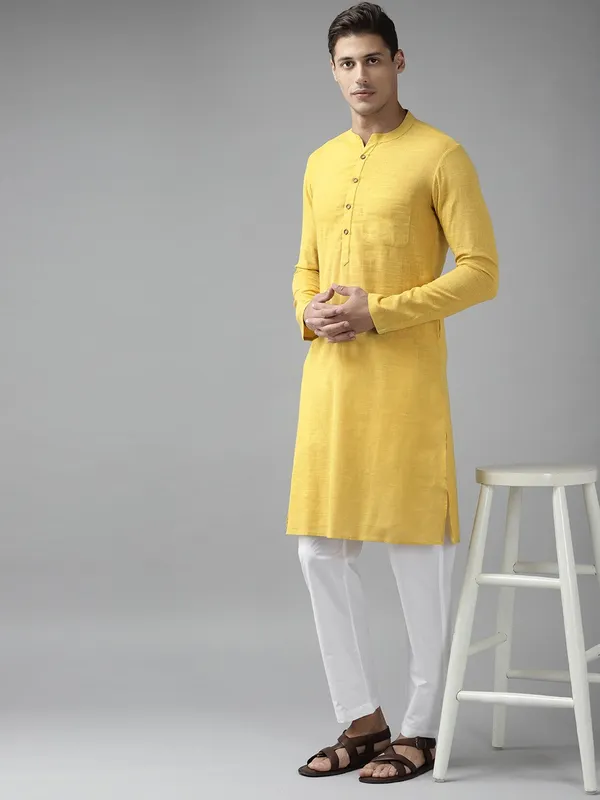 Men_Yellow_Cotton_Slub_Straight_kurta