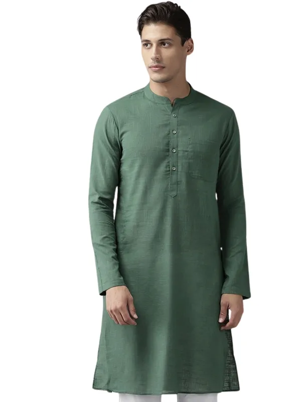 Men_Green_Cotton_Straight_Kurta_With_Slub_Effect