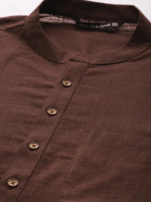 Men_Brown_Cotton_Slub_Straight_Kurta_with_Pyjama