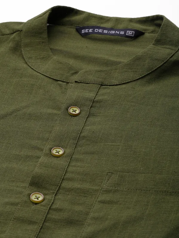 Men_Olive_Green_Cotton_Slub_Straight_Kurta_with_Pyjama