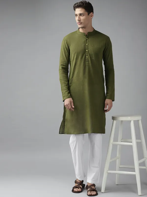 Men_Olive_Green_Cotton_Slub_Straight_Kurta_with_Pyjama