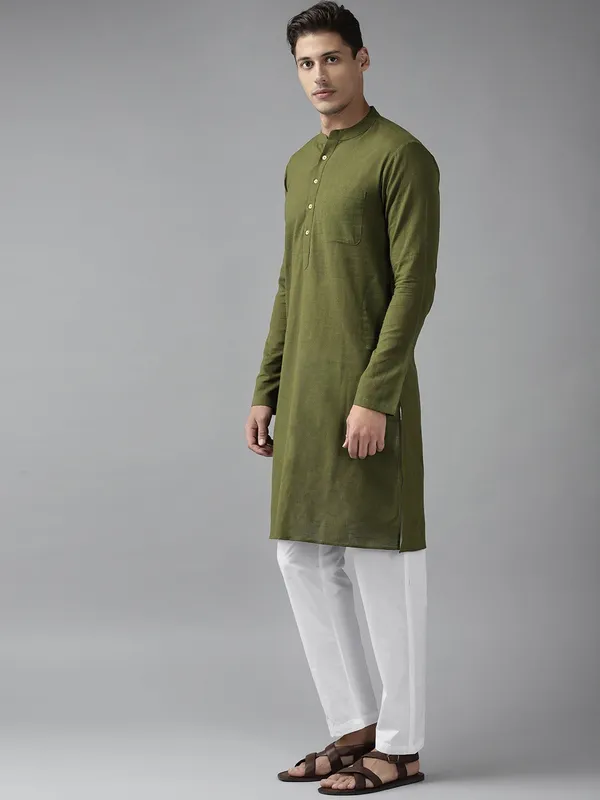 Men_Olive_Green_Cotton_Slub_Straight_Kurta_with_Pyjama