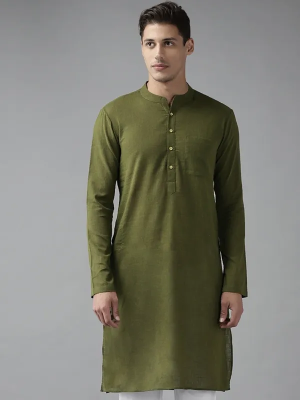 Men_Olive_Green_Cotton_Slub_Straight_Kurta