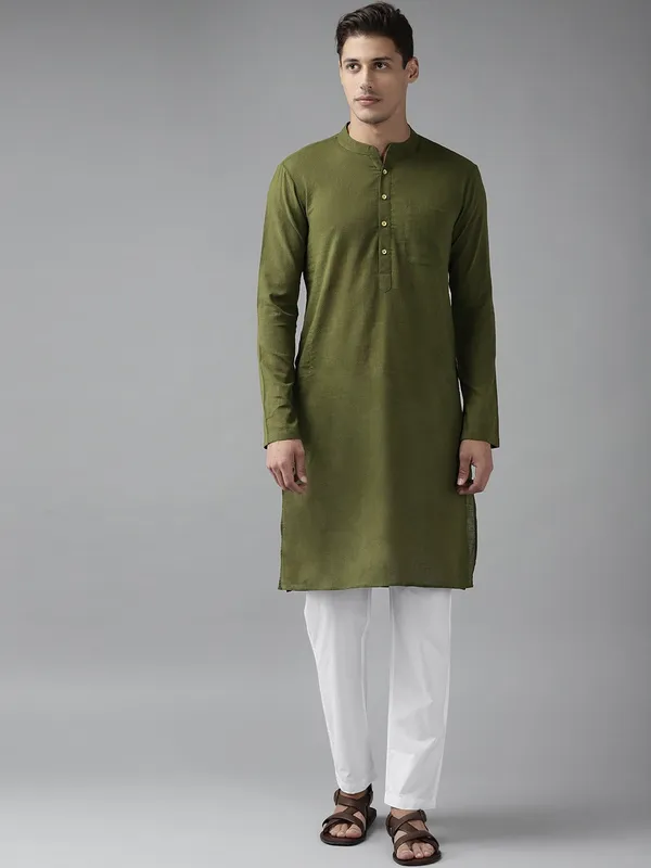 Men_Olive_Green_Cotton_Slub_Straight_Kurta