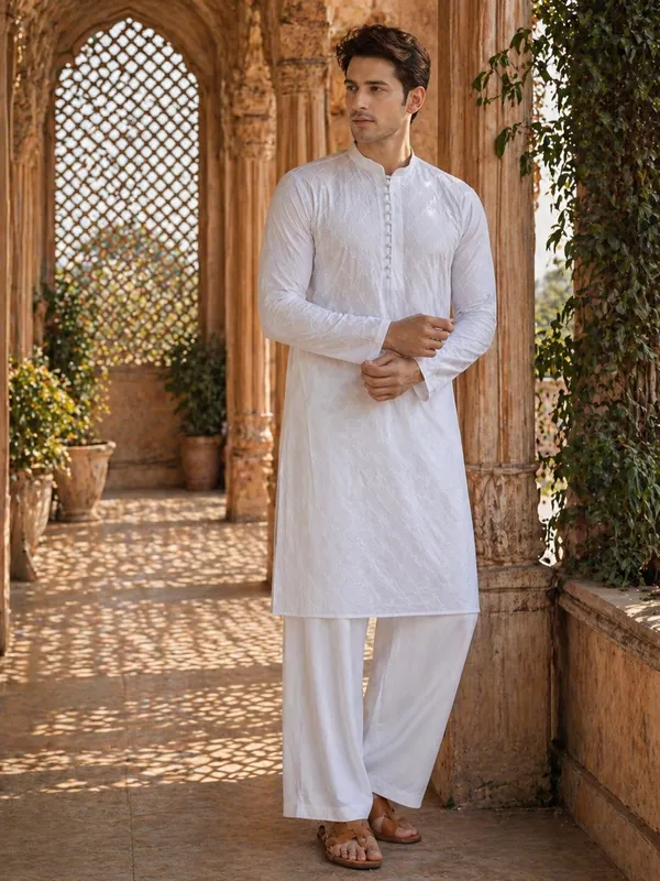 Men_White_Chikankari_Embroidered_Straight_Kurta_With_Pyjama
