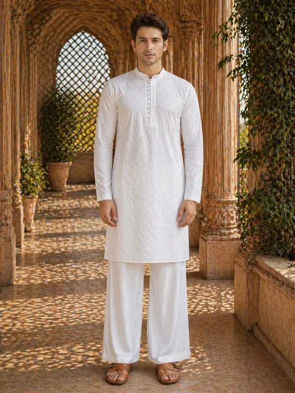 Men_White_Chikankari_Embroidered_Straight_Kurta_With_Pyjama