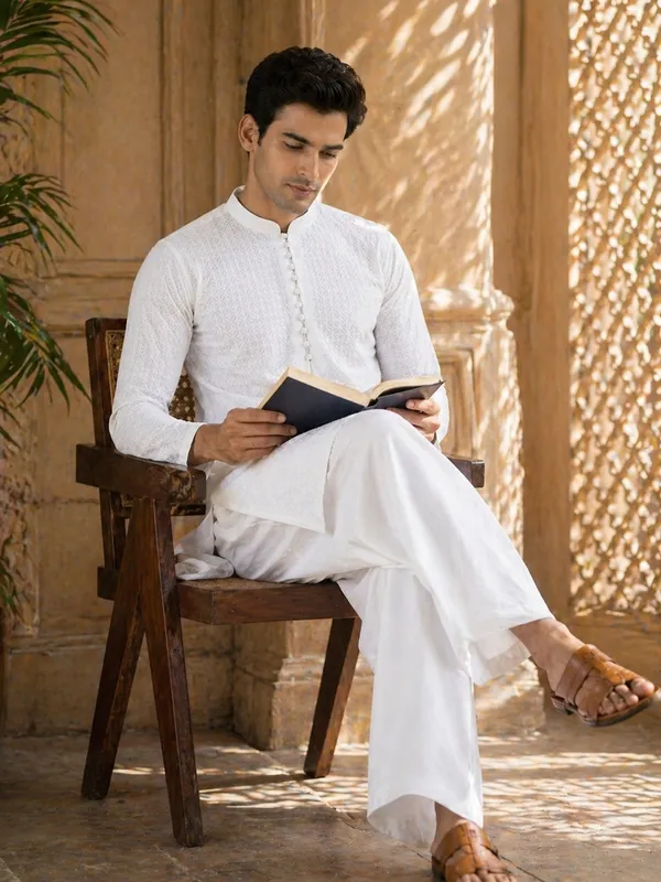 Men_White_Chikankari_Embroidered_Straight_Kurta_With_Pyjama