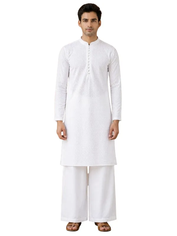 Men_White_Chikankari_Embroidered_Straight_Kurta_With_Pyjama