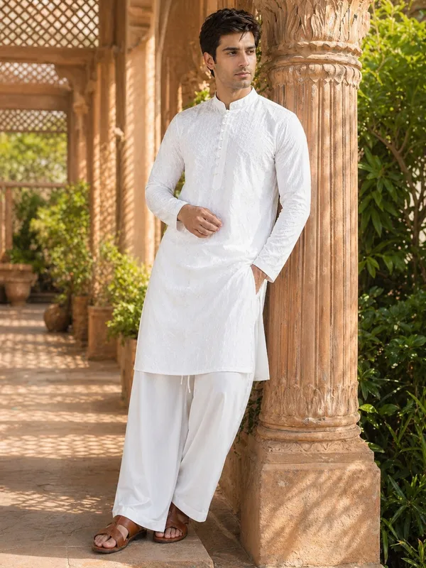 Men_White_Chikankari_Embroidered_Straight_Kurta_With_Pyjama