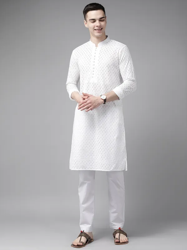 Men_White_Pure_Cotton_Chikankari_Embroidered_Straight_Kurta_With_Pyjama