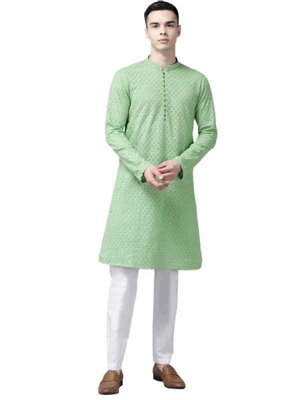 Men_Green_Pure_Cotton_Chikankari_Embroidered_Straight_Kurta_With_Pyjama
