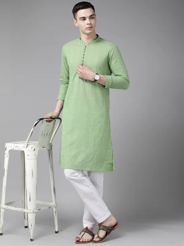 Men_Green_Pure_Cotton_Chikankari_Embroidered_Straight_Kurta_With_Pyjama