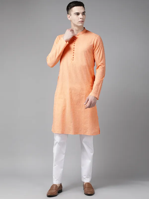 Men_Peach_Pure_Cotton_Chikankari_Embroidered_Straight_Kurta_With_Pyjama