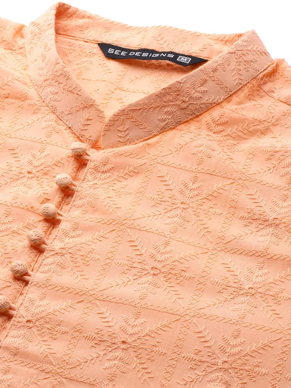 Men_Peach_Pure_Cotton_Chikankari_Embroidered_Straight_Kurta_With_Pyjama