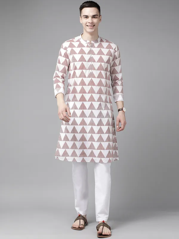 Men_White_&_Maroon_Stripe_Printed_Straight_Kurta_With_Pyjama