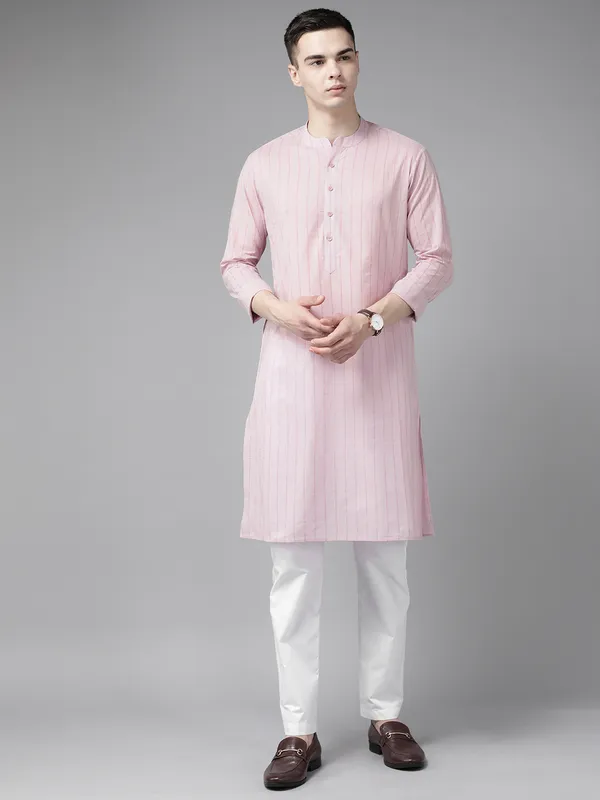 Men_Pink_&_Maroon_Stripe_Printed_Straight_Kurta_With_Pyjama