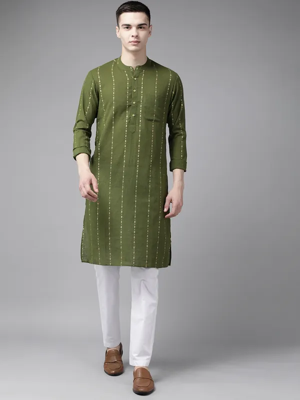 Men_Green_&_Gold_Stripe_Printed_Straight_Kurta_With_Pyjama