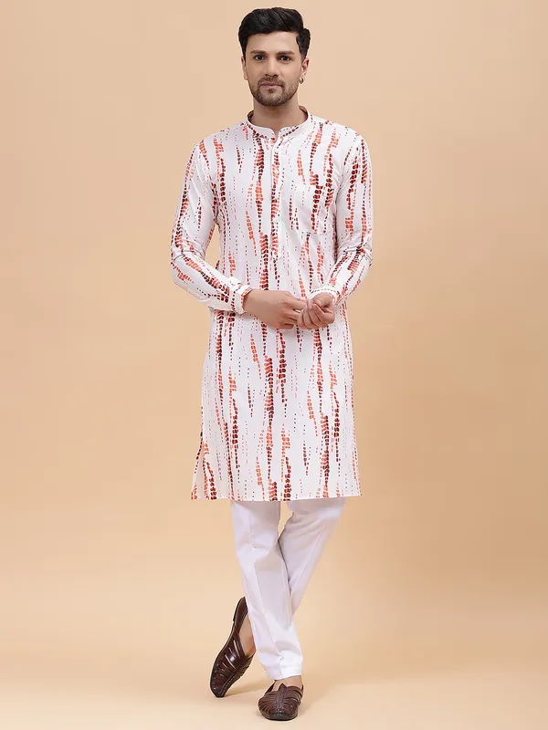 Men_White_&_Orange_Pure_Cotton_Printed_Staright_Kurta_With_Pajama